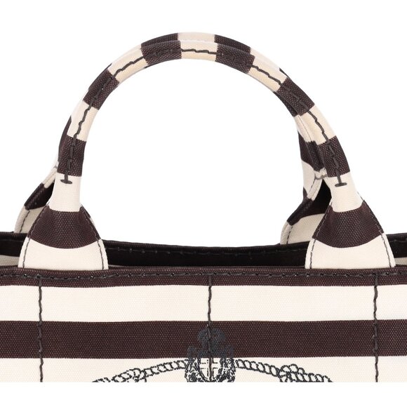 PRADA Canapa Large Canvas Tote Bag Brown White Stripe Shoulder Bag - Picture 4 of 16